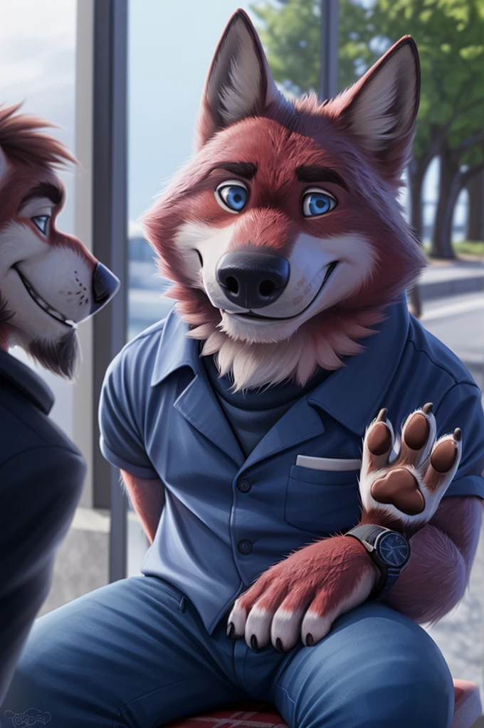 Ivan Fedorovich Wolfbach (Novosibirsk) ,tall handsome, wolf,young, 24 years, brown fur,Kind,(red body:1.3),beautiful blue eyes,Novosibirsk,dressed, plaid shirt, jeans,canine, wolf, detailed fur, male, second, paw pads, finger claws,At the viewer, 5 fingers, paws, 5 fingers, smile, wrist watch, т nextel,by xenoforge, (difficult, high detail, digital photography, soft focus, RAW,goes for a walk, ,Very close to the camera, variety,Novosibirsk, smile, good mood, positive, Very close to the camera, plaid shirt, At the hairdresser, without hair, covered,
Photorealism, realistic, photorealistic, digital style, Subsurface scattering,I look at the viewer,is sitting, looks at the mirror, men's cosmetics, perfume perfumery, plaid shirt,
masterpiece, Best quality, ultra realistic, 8 thousand.)