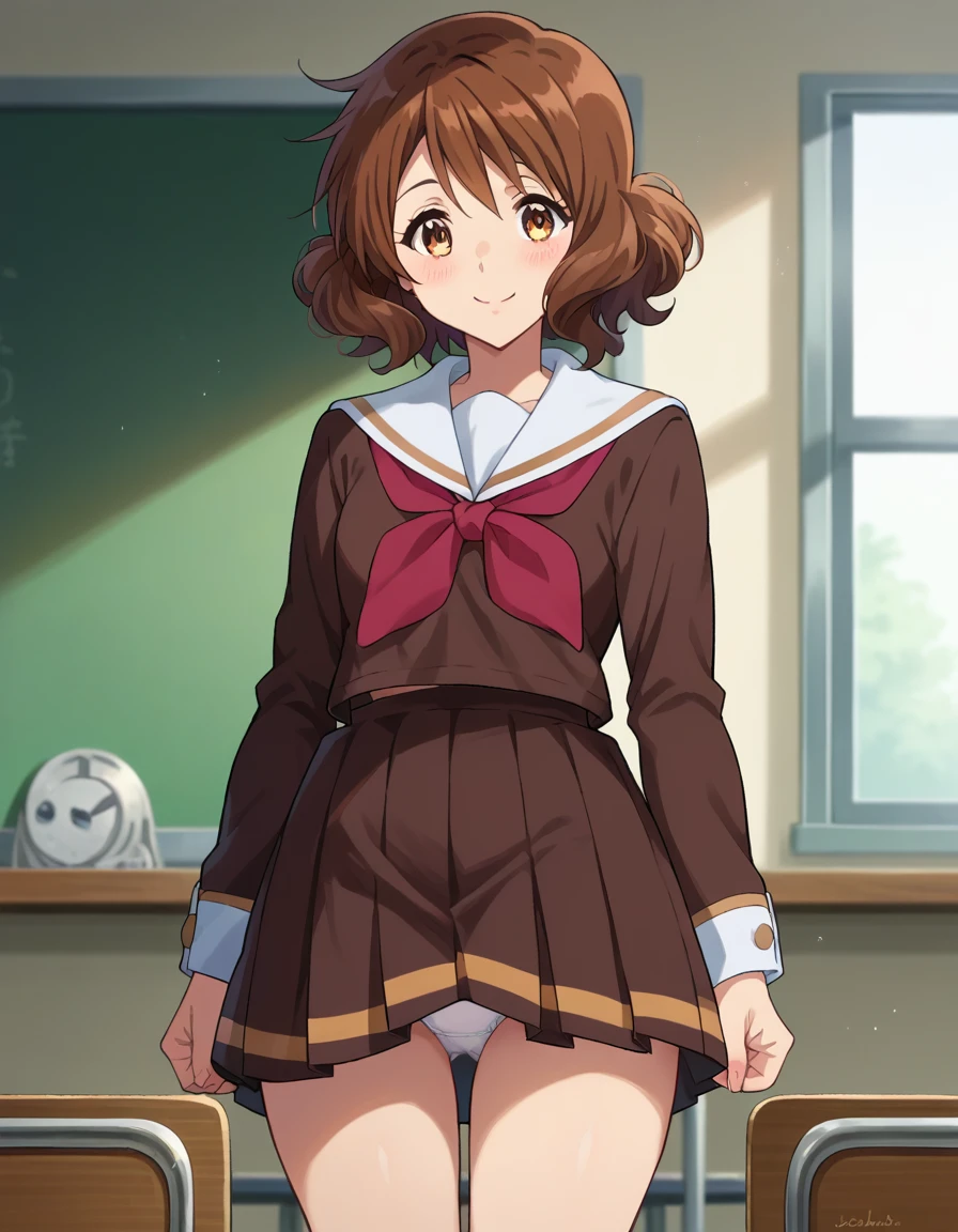 Highest quality, High resolution, masterpiece, (Beautiful Eyes), (Fine grain), Detailed face, kumiko oumae, Brown eyes, Brown Hair, short hair, Wavy Hair, smile, blush, skirt, shirt, Long sleeve, , pleated skirt, neckerchief, brown skirt, White sailor collar, brown shirt, Kitauji High , red neckerchief, indoor, classroom, Chair, machine, View your viewers, Cowboy Shot, (skirtを持ち上げる:1.5), (skirt that rolls up), (Panties in full view), (Wide pelvis), (Thick thighs), (White panties), nsfw