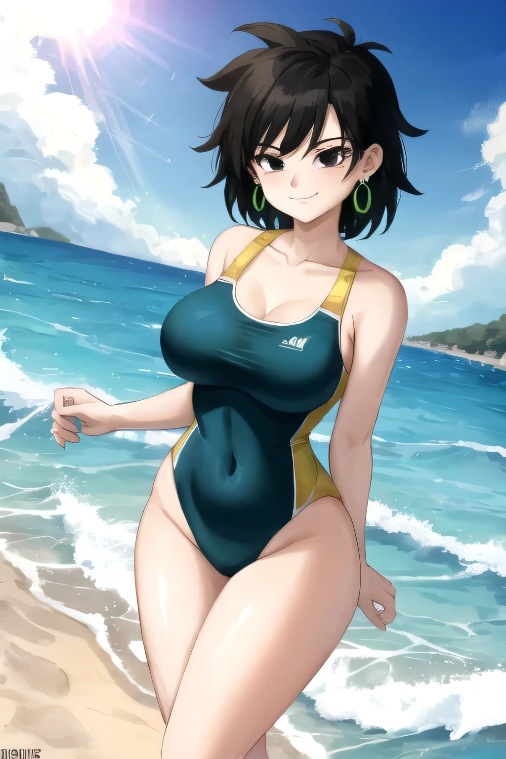 highest quality,masterpiece,ultra high resolution,(actual:1.4), 8K, gine, 1girl, solo, mouth closed, black hair, black eyes, bare shoulders, medium breast, collarbone, cowboy shot, short hair, spiked hair, a green one piece swimsuit, ocean, beach, a large big waves Surround her,black dress, long legs,bright and beautiful, gold earrings, seductive smile
