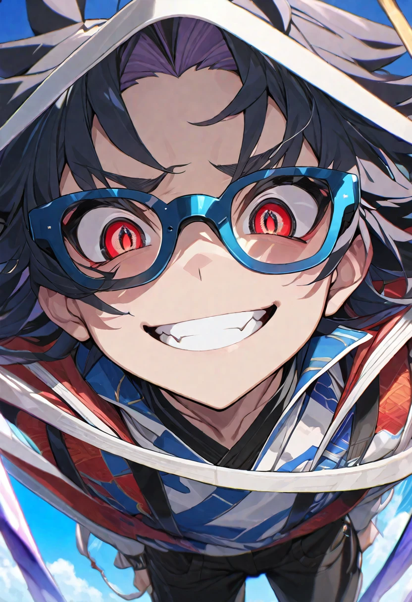 (masterpiece, best quality:1.2), (hyperdetailed face), (Super well-formed face), close up, face focus, solo, male focus, 1boy, gojo satoru, 18-years-old, slim body,ポニーテール, black hair, long hair, red eyes, crystal clear eyes, beautiful pupils, beautiful detailed eyes, smiling, white teeth, long white eyelashes, black パーカー, long sleeves, black pants, wearing sunglasses, looking at viewer, beautiful blue sky, summer sky