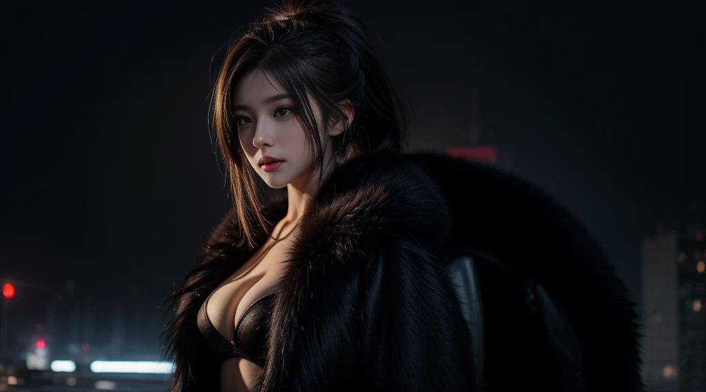 masterpiece,quality,Best quality at best,Official Art,(Beauty and aesthetics:1.2),(masterpiece:1.3),The city of the future,Cyberpunk Characters,A girl,Fur coat,No underwear,Sexy body,Looking at the camera,(Close-up cleavage:1.8),Volumetric Fog,snow,snow,drama,Christmas Eve