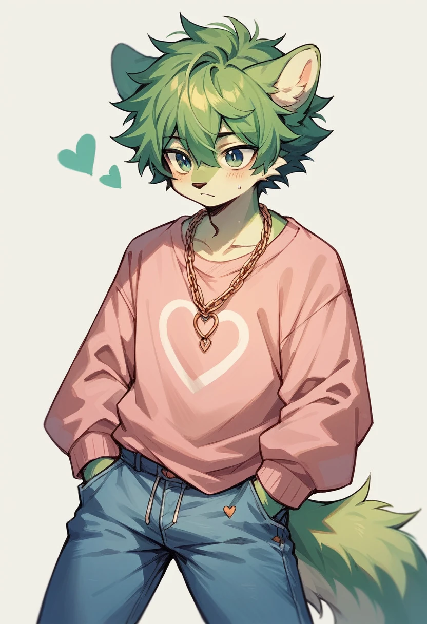 anme boy with green fluffy hair wearing baggy blue jeans and has a pink sweater with green and blue hearts on it has chains on his pants