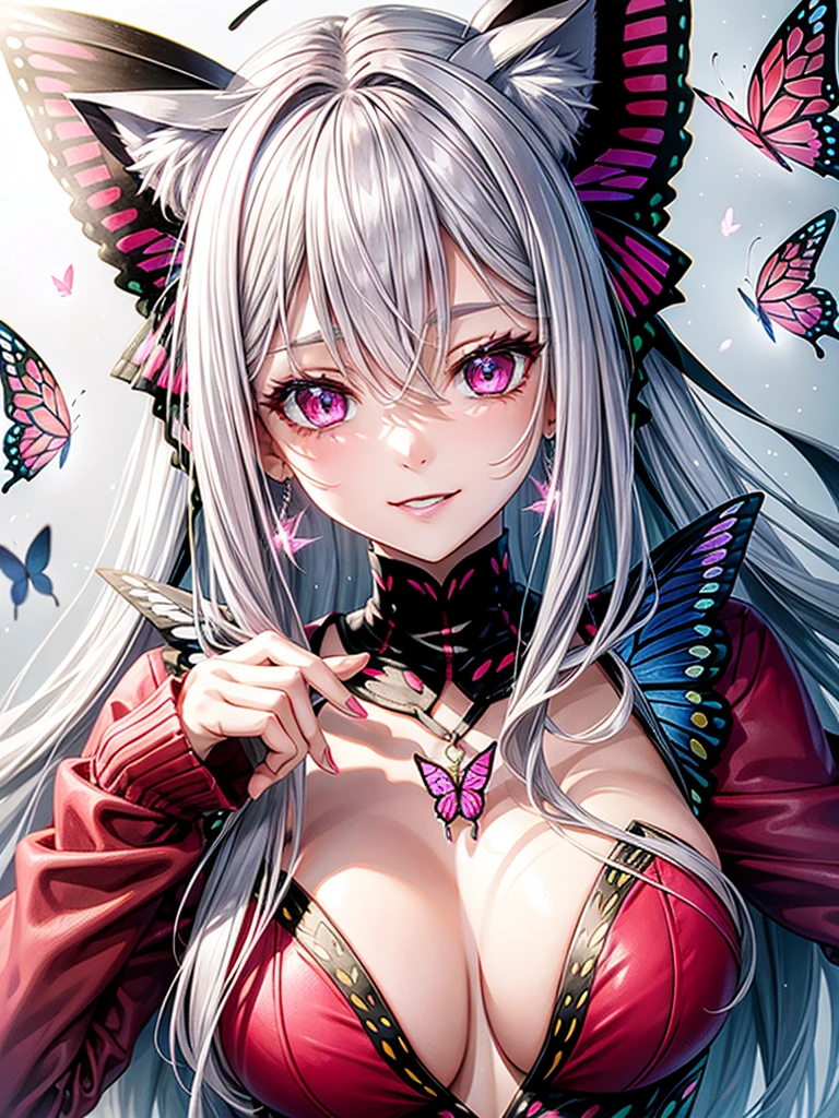 Silver hair, pink eyes, body, cat ears, woman, earrings, butterfly background, red clothes, butterfly hair bows, happy face