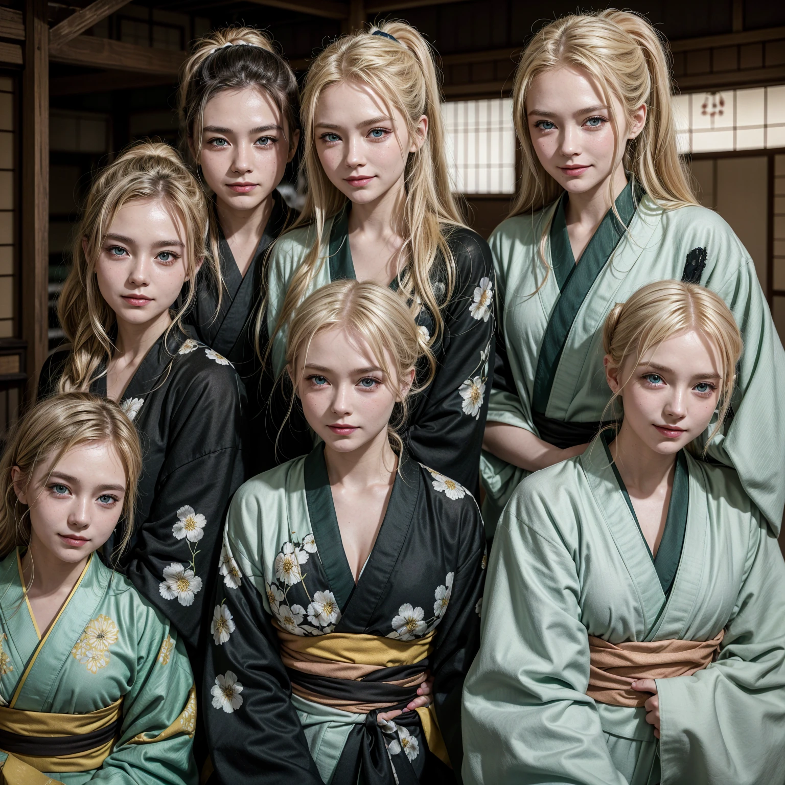 old photo from 1945 of (german woman, age 25, green eyes detailed wavy blonde hair with ponytail , heartthrob style, Grinning, wearing a burnt kimono, torn and crooked), beside (1womanl, japanese,18-years old, blue eyes, black hair, wearing a crooked kimono with floral holes) in shipping to a tea shop black and white photo yellowing of time