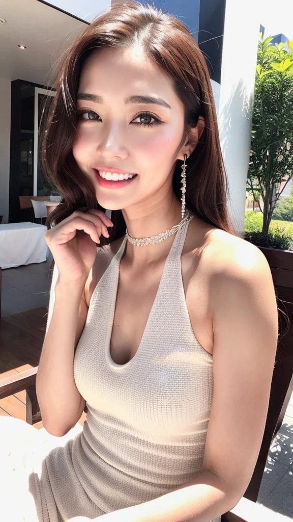 first-person-view, (Masterpiece:1.3), (Maximum resolution:1.4), (Ultra HDTV:1.2), Ultra HDTV, (Detailed eyes and skin), (Detailed facial features), HDR, 8k resolution, Sharp Focus:1.2, Perfect style, beautiful face, highly detailed face and skin texture, detailed eyes, double eyelids, thin eyebrows, glitter eyeliner:1.2, pale cheeks, glossy skin, fair skin:1.2, shiny little neckless and crystal earrings,, glossy lips:1.2, 
BREAK, 
((Upper body shot:1.2)), (wearing a sleeveless high-neck halter-neck white dress:1.2)), (high-neck halter-neck), (white:1.2), (sexy clavicle), ((Innocent and cute girl:1.3)), (Layered Hairstyle, Dark-brown hair), medium long hair, (very provocative smile:1.2), medium large breasts, 
BREAK, 
(Sitting on the terrace chair:1.2), ((gently lifted her chin.:1.3)), In the outdoor stylish cafe, from a little above,