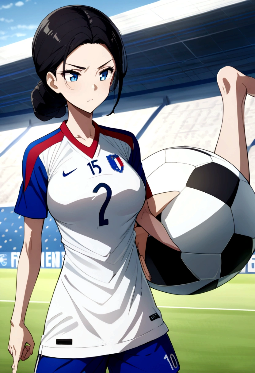 (anime ,2D)  Women, soccer player , average height ,clear skin,thin face ,serious expression,blue eyes,black hair , waist length ,white bangs,Skinny body,big breasts,small waist, France national team uniform, In a soccer field ,kicking a ball.