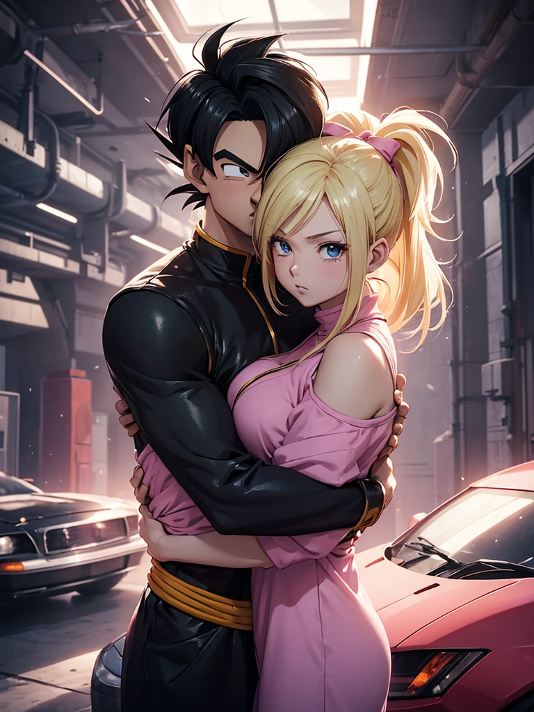 A couple of friends hugging in an emotional farewell atmosphere, next to a spaceship. The boy is tall and adult, with black hair and black eyes, wearing a Dragon Ball Z style battle suit. The girl has blonde hair, blue eyes, and has two pigtails falling over her shoulders decorated with pink ribbons. She wears a pink jumpsuit dress. The art should capture the iconic style of Dragon Ball Z, with an atmosphere that reflects the emotion and sadness of the moment of farewell.