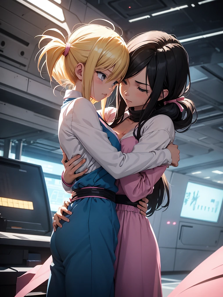 A couple of friends hugging in an emotional farewell atmosphere, next to a spaceship. The boy is tall and adult, with black hair and black eyes, wearing a Dragon Ball Z style battle suit. The girl has blonde hair, blue eyes, and has two pigtails falling over her shoulders decorated with pink ribbons. She wears a pink jumpsuit dress. The art should capture the iconic style of Dragon Ball Z, with an atmosphere that reflects the emotion and sadness of the moment of farewell.