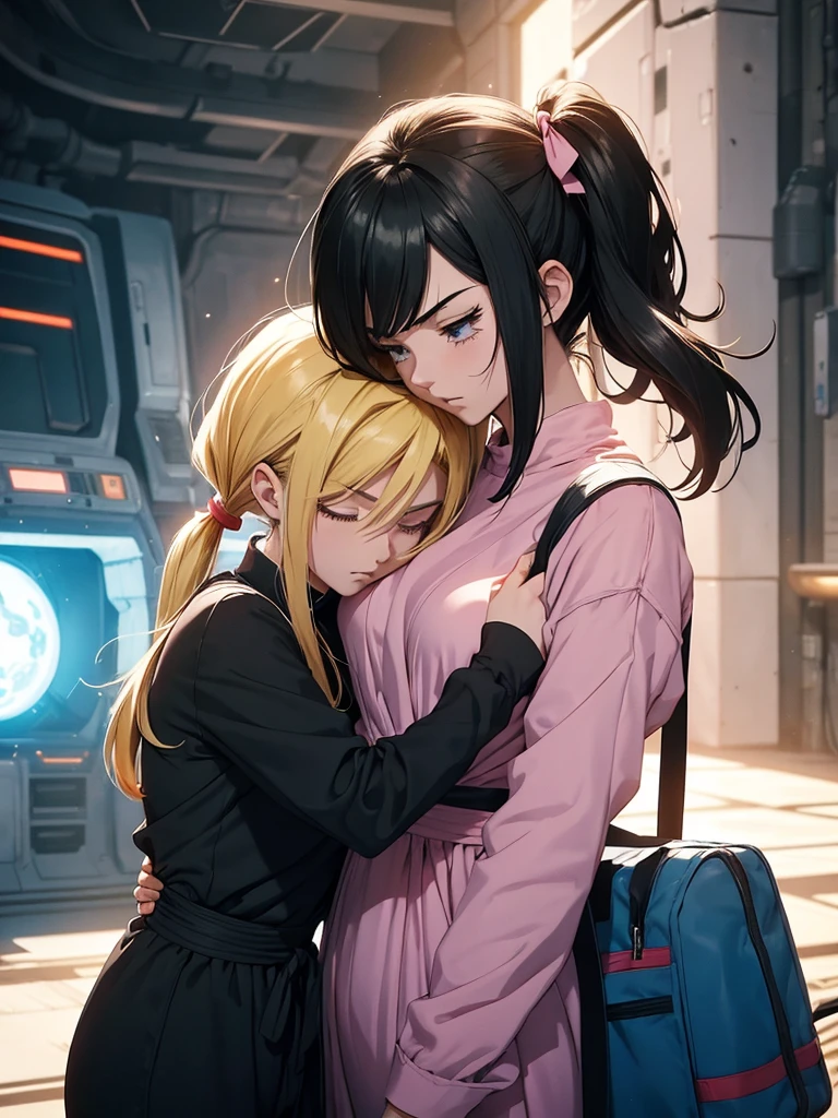 A couple of friends hugging in an emotional farewell atmosphere, next to a spaceship. The boy is tall and adult, with black hair and black eyes, wearing a Dragon Ball Z style battle suit. The girl has blonde hair, blue eyes, and has two pigtails falling over her shoulders decorated with pink ribbons. She wears a pink jumpsuit dress. The art should capture the iconic style of Dragon Ball Z, with an atmosphere that reflects the emotion and sadness of the moment of farewell.
