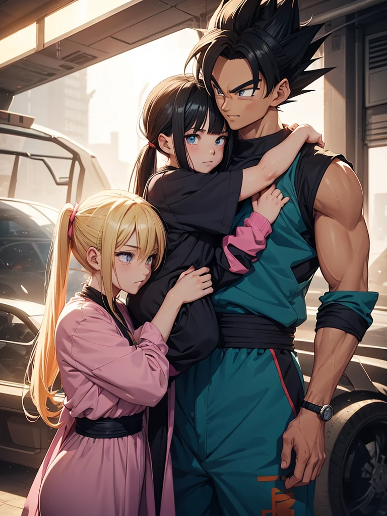 A couple of friends hugging in an emotional farewell atmosphere, next to a spaceship. The boy is tall and adult, with black hair and black eyes, wearing a Dragon Ball Z style battle suit. The girl has blonde hair, blue eyes, and has two pigtails falling over her shoulders decorated with pink ribbons. She wears a pink jumpsuit dress. The art should capture the iconic style of Dragon Ball Z, with an atmosphere that reflects the emotion and sadness of the moment of farewell.