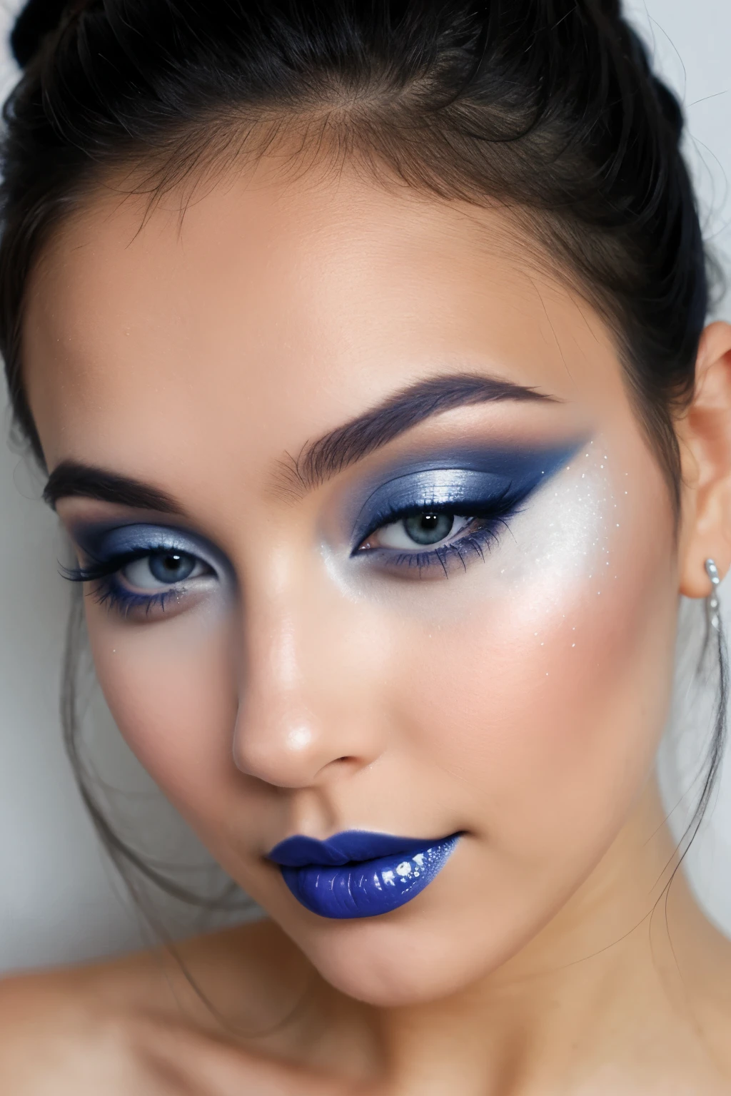 Create a makeup with blue and silver tones and a blueberry drawing