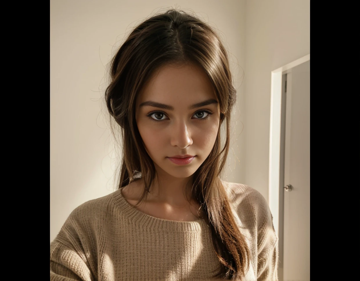 Hyper realistic,A young attractive girl , wearing sweater,solo , selfie photo,glow on face,