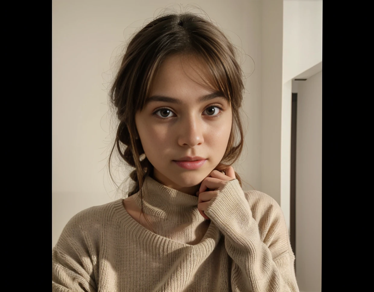 Hyper realistic,A young attractive girl , wearing sweater,solo , selfie photo,glow on face,