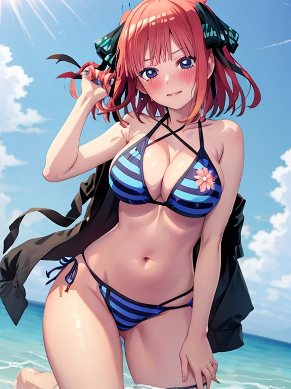 best quality, insanely detailed, nino nakano,  breasts, blush, swimsuit, halterneck, striped, flower print, 