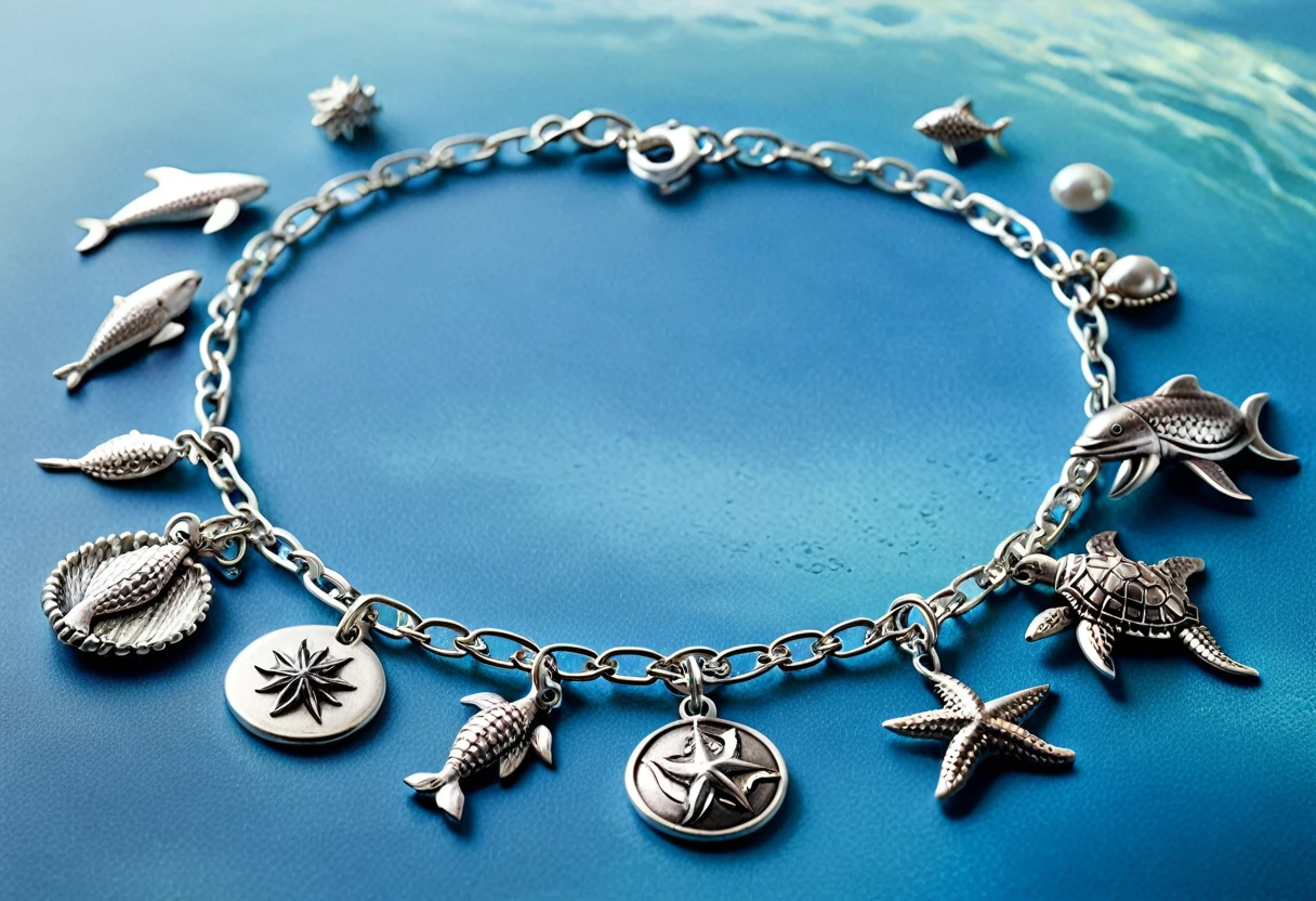 a delicate thin silver chain, a silver bracelet with various marine-themed charms, detailed sea creature charms, intricate charms, realistic detailed charms, delicate jewelry, elegant bracelet, photorealistic, highly detailed, 4k, hyperrealistic, studio lighting, masterpiece, professional jewelry photography