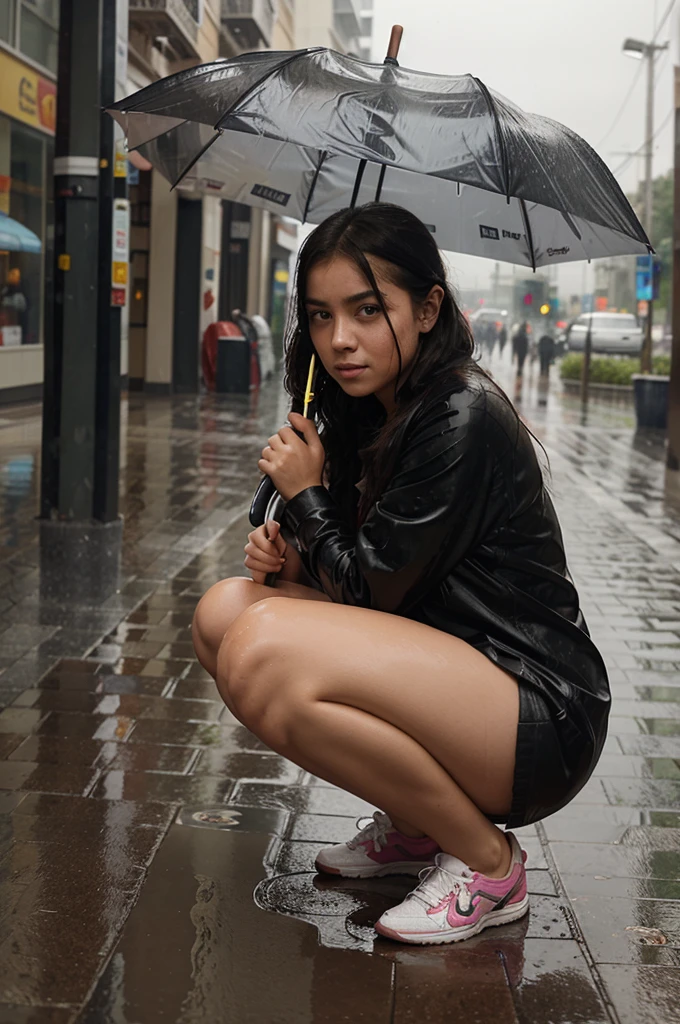 a girl who was caught in the rain was squatting down and suddenly the guy was holding an umbrella in the rain 