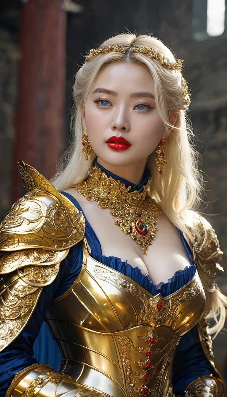 masterpiece,Highest quality,wonderful,(womanの騎士_woman:1),(Golden Armor:1.3), (35歳のwoman騎士:1.3),、Big and ample breasts,,Hyper Real,中世ヨーロッパの都市のbattlefieldにいる,Expressionless,、イギリス人woman、Delicate skin texture to the smallest detail 、(Detailed blue eyes)、(Chubby body type))、(Very large breasts)、中年woman、(ふわふわblondeの長い髪)、Sunburned skin、(blonde)、(((Very large breasts)))、woman騎士、(((Big cleavage)))、Richly decorated gold armor、Medieval witch、Golden long boots with flashy decorations、Deep neckline、Pure gold and jewellery necklaces and collars、Big gold earrings、Bright red lips、Dressed in luxurious gold armor、Gold Long Gloves、She has a big long sword、The sword is ornately decorated..........................、The blade is pitch black、(woman騎士)、(battlefield)、