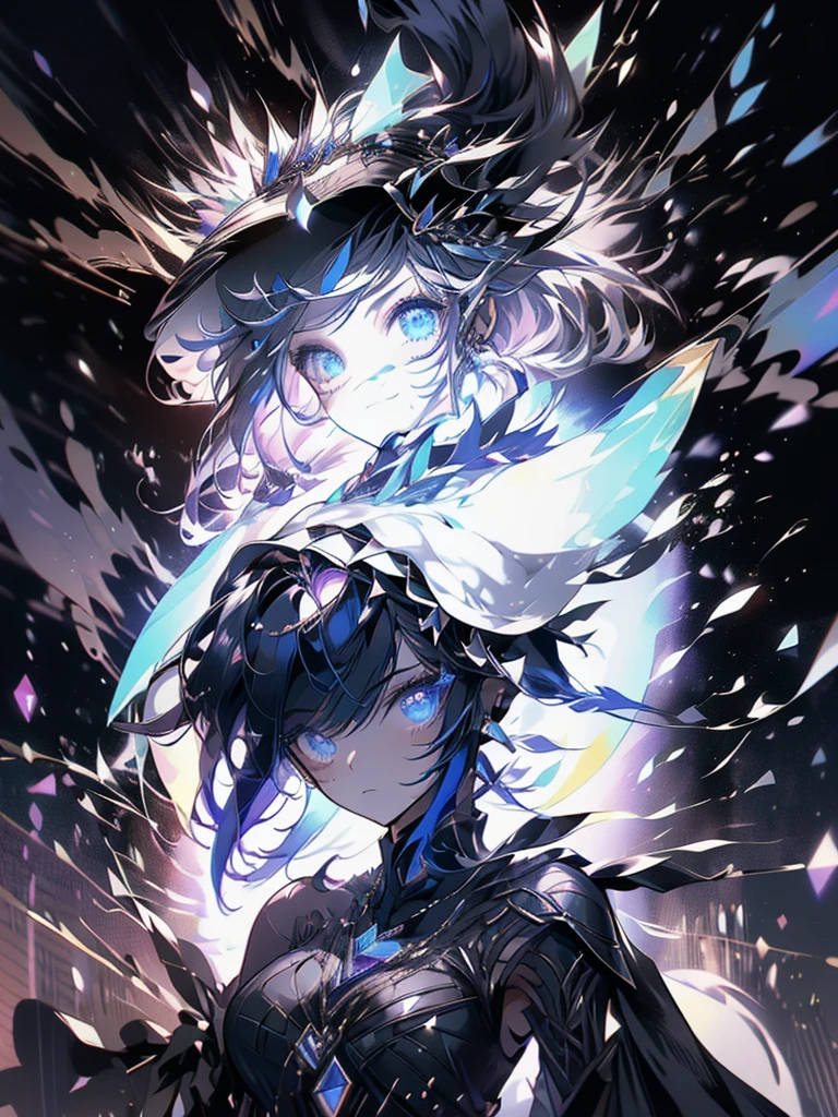 25-year-old girl、wearing a black elegant hat、Rune background、black magician、Wearing a black robe、mesmerize、cute woman、Elegant hairstyle、indigo hair color、Slightly shorter hair、blue eyes、look at the viewer、masterpiece、Best image、