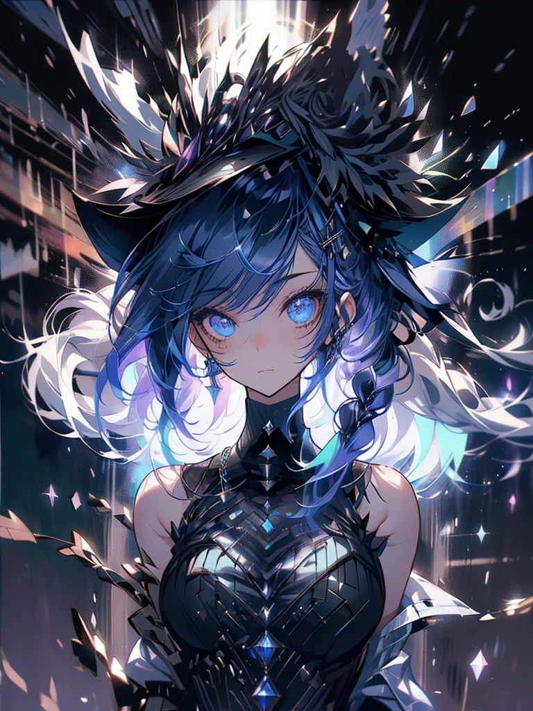 25-year-old girl、wearing a black elegant hat、Rune background、black magician、Wearing a black robe、mesmerize、cute woman、Elegant hairstyle、indigo hair color、Slightly shorter hair、blue eyes、look at the viewer、masterpiece、Best image、
