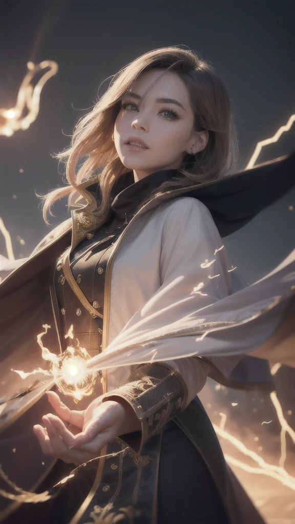 (Skin Dentition、magicの杖を持つ:1.5), Realistic, Realistic, (masterpiece:1.5), Concept Art, Intricate details, Very detailed, Realistic, Octane Rendering, 8K, Unreal Engine, Dynamic pose, Highest quality, High resolution, (Realistic Face:1.1), (超Realisticな:1.1), ((full_body)), Perfect Eyes,(Shiny skin:1.2), (((Hairstyle))), (((Perfect hands))), (Very detailed背景), ((Dynamic Background)), ((lightning)), (light), ((One girl)), Wearing a cape, (((Flowing Cape))), ((Fine grain, High quality eyes, High quality face)), (Very complicated robe, magical robes), short hair, casting lightning, electricity, Swirling Flames, Radiation Force, spark, cigarette, magic, ((dramatic)), amazing, battlefield, Depth of written boundary, Bokeh, 4K, Gothic, human, particle