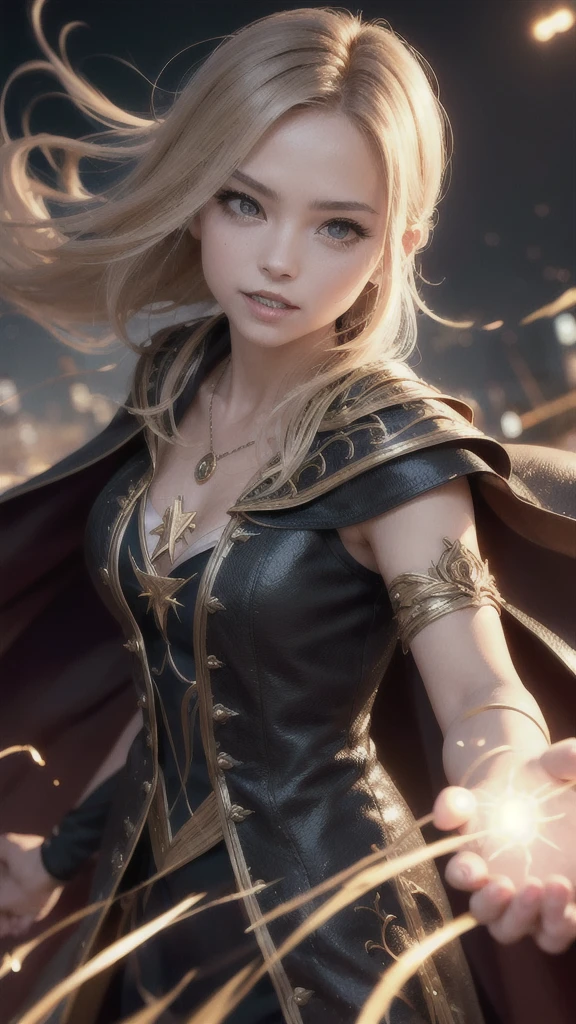 (Skin Dentition、magicの杖を持つ:1.5), Realistic, Realistic, (masterpiece:1.5), Concept Art, Intricate details, Very detailed, Realistic, Octane Rendering, 8K, Unreal Engine, Dynamic pose, Highest quality, High resolution, (Realistic Face:1.1), (超Realisticな:1.1), ((full_body)), Perfect Eyes,(Shiny skin:1.2), (((Hairstyle))), (((Perfect hands))), (Very detailed背景), ((Dynamic Background)), ((lightning)), (light), ((One girl)), Wearing a cape, (((Flowing Cape))), ((Fine grain, High quality eyes, High quality face)), (Very complicated robe, magical robes), short hair, casting lightning, electricity, Swirling Flames, Radiation Force, spark, cigarette, magic, ((dramatic)), amazing, battlefield, Depth of written boundary, Bokeh, 4K, Gothic, human, particle