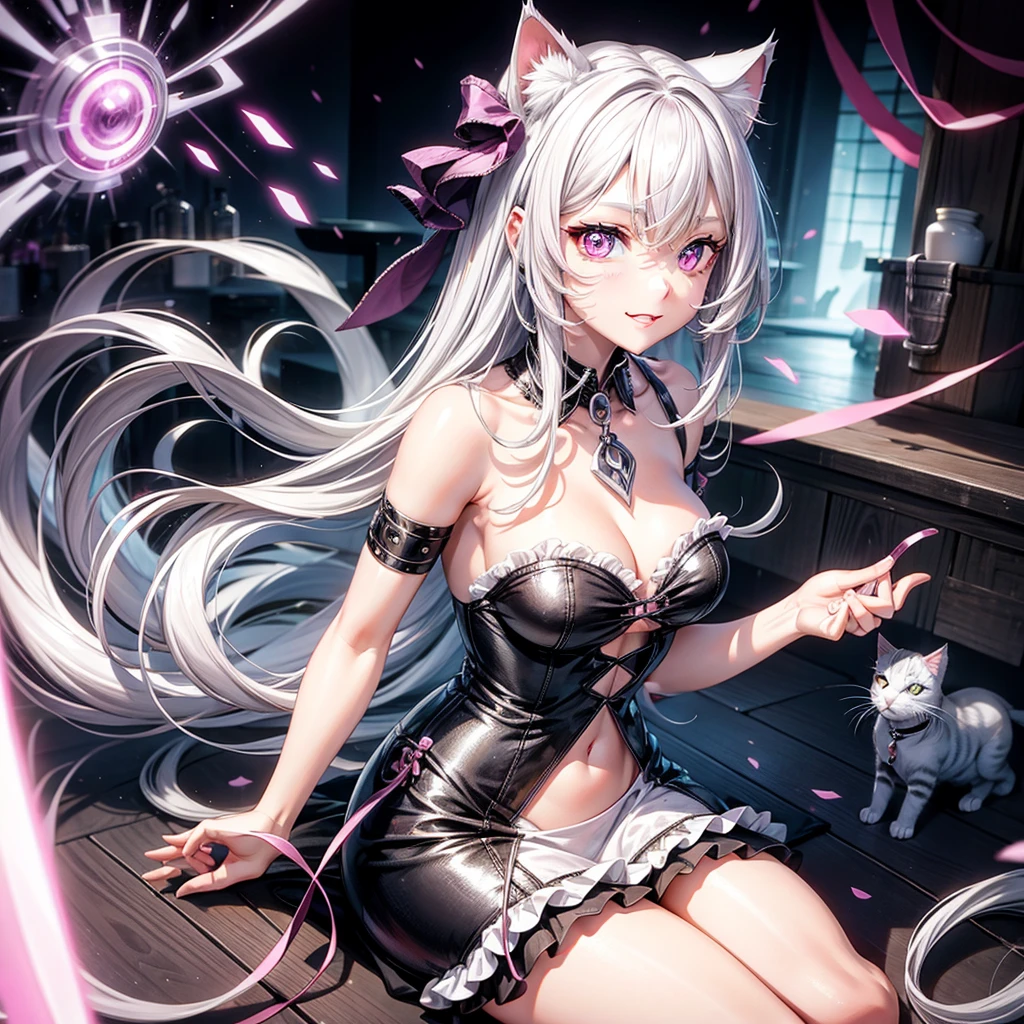 Silver hair, pink eyes, body, cat ears, woman, happy face, pet cat, cats in background, cats