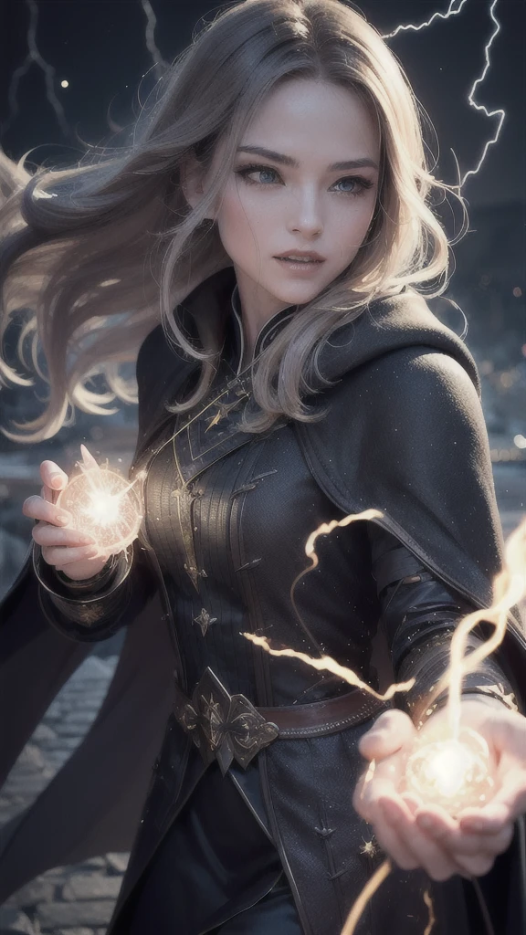 (Skin Dentition、magicの杖を持つ:1.5), Realistic, Realistic, (masterpiece:1.5), Concept Art, Intricate details, Very detailed, Realistic, Octane Rendering, 8K, Unreal Engine, Dynamic pose, Highest quality, High resolution, (Realistic Face:1.1), (超Realisticな:1.1), ((full_body)), Perfect Eyes,(Shiny skin:1.2), (((Hairstyle))), (((Perfect hands))), (Very detailed背景), ((Dynamic Background)), ((lightning)), (light), ((One girl)), Wearing a cape, (((Flowing Cape))), ((Fine grain, High quality eyes, High quality face)), (Very complicated robe, magical robes), short hair, casting lightning, electricity, Swirling Flames, Radiation Force, spark, cigarette, magic, ((dramatic)), amazing, battlefield, Depth of written boundary, Bokeh, 4K, Gothic, human, particle