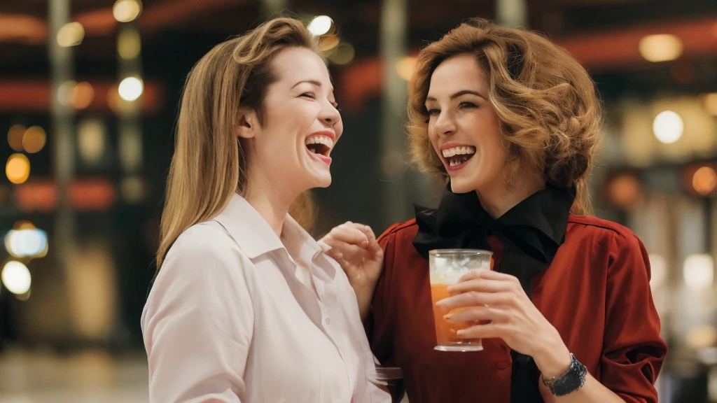 Create a date night scene at the mall warehouse. The woman, elegantly dressed, and the cleaner, in casual attire, they are laughing, drinking and succumbing to passion. The atmosphere is charged with secrecy and forbidden excitement