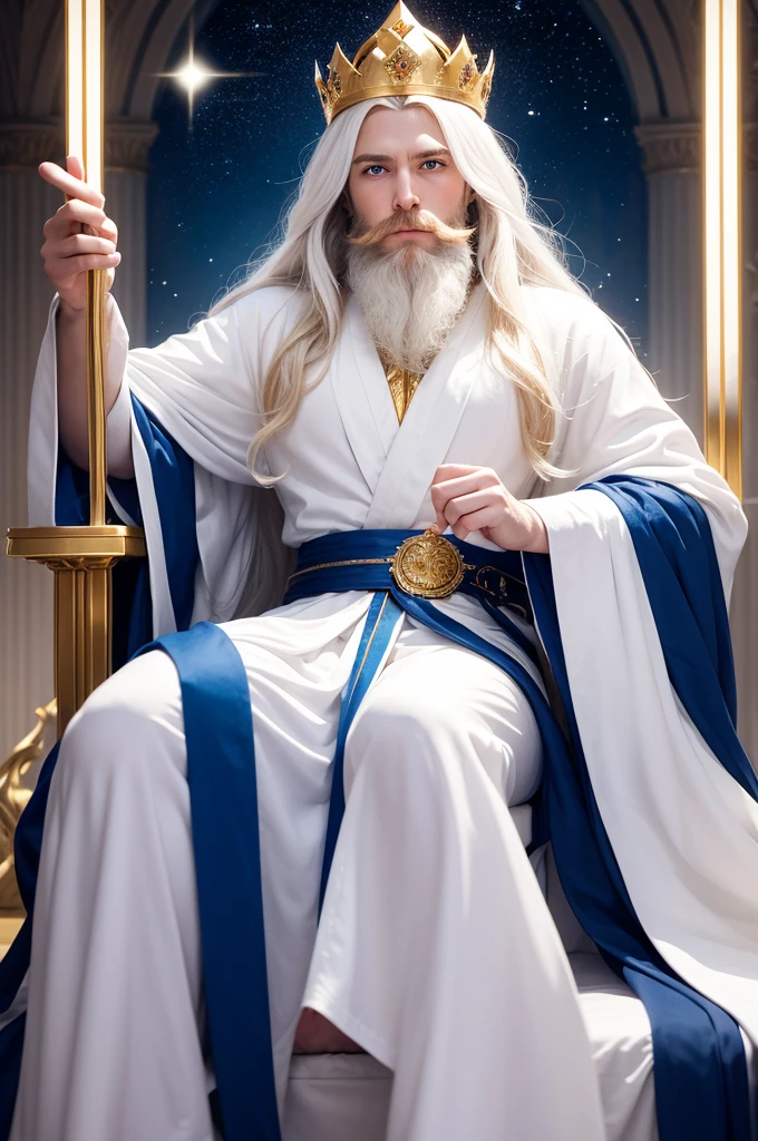 man, long white incandescent hair, white incandescent beard, blue eyes, dressed in a white incandescent robe, golden belt, wearing a golden crown with shining stars all coming out of his eyes, sitting on a throne filled with precious stones.