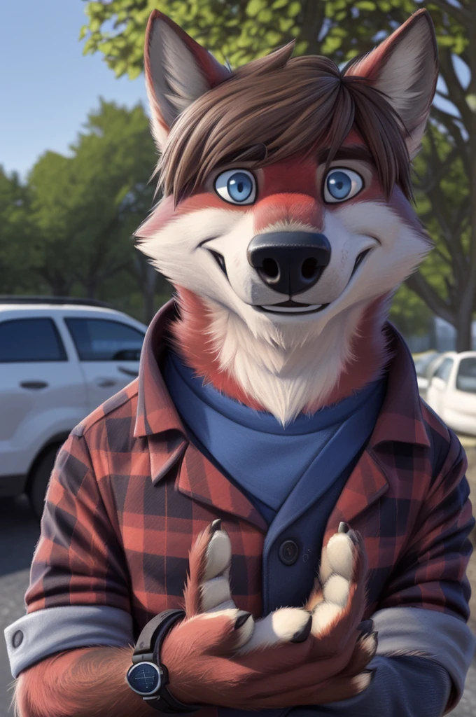 Ivan Fedorovich Wolfbach (Novosibirsk) ,tall handsome, wolf,young, 24 years, brown fur,Kind,(red body:1.3),beautiful blue eyes,Novosibirsk,dressed, plaid shirt, jeans,dear Joachim,canine, wolf, detailed fur, male, second, paw pads, finger claws,At the viewer, 5 fingers, paws, 5 fingers, smile, wrist watch, т nextel,by xenoforge, (difficult, high detail, digital photography, soft focus, RAW,goes for a walk, ,Very close to the camera, variety,Novosibirsk, smile, good mood, positive, Very close to the camera, plaid shirt, in dentistry,hair, brunette bangs, , covered, 
Photorealism, realistic, photorealistic, digital style, Subsurface scattering,I look at the viewer,is sitting, waiting for the doctor, of the brown car, perfume perfumery, plaid shirt, cuts his hair, 
masterpiece, Best quality, ultra realistic, 8 thousand.)