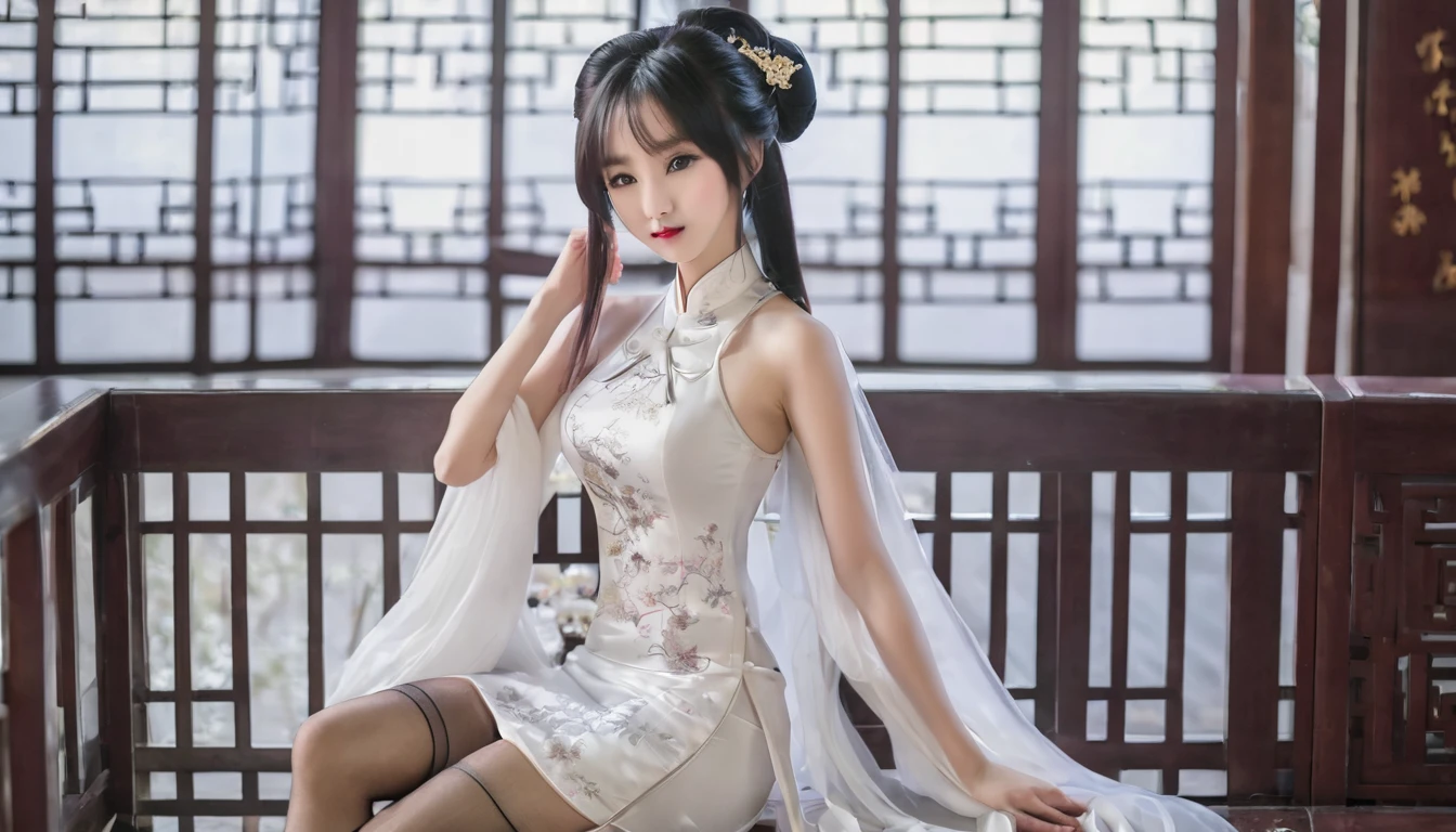 Keqing in white chinese dress, stockings
