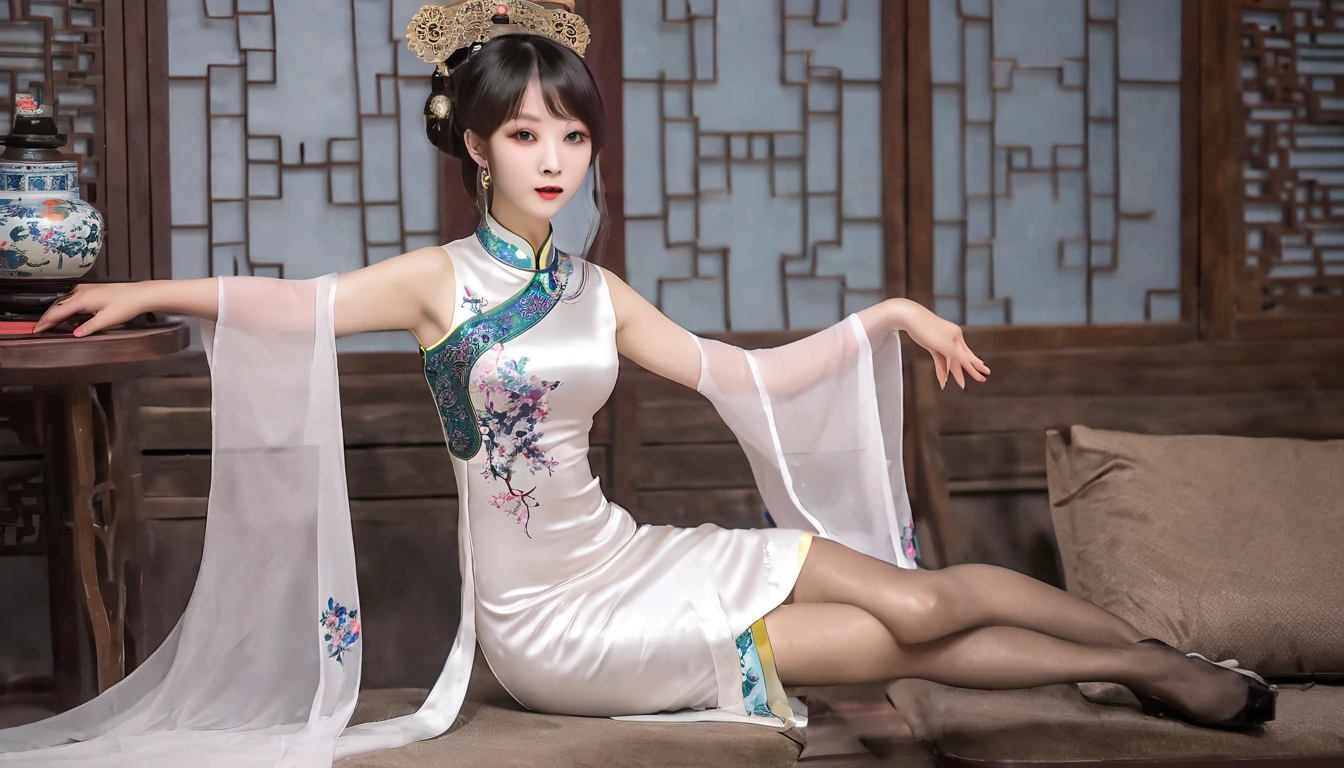 Keqing in white chinese dress, stockings