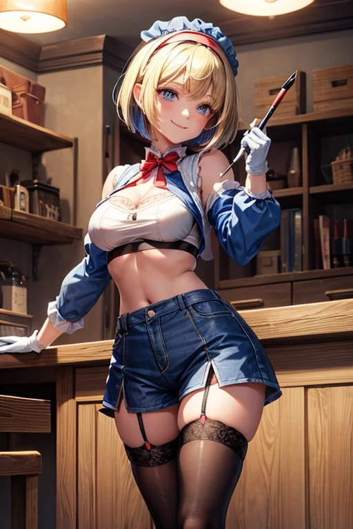 1 girl, Alone, alicia margatroid, Touhou, Masterpiece, detailed, Blue eyes, Short blonde hair, red headband, smiling, bob cut, dark blue thigh high stockings, high heels, art tools, female shorts, blue crop top, open jacket, medium sized breasts, artist gloves, plano general, puppet workbench