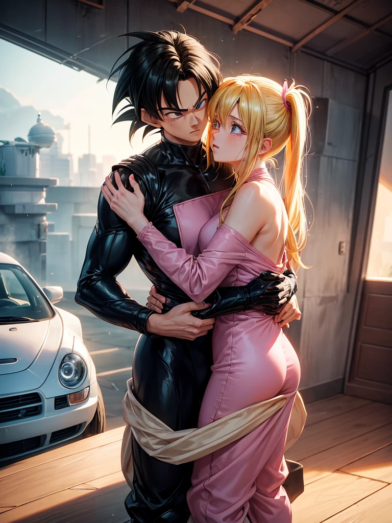 A couple of friends hugging in an emotional farewell atmosphere, next to a spaceship. The boy is tall and adult, with black hair and black eyes, wearing a Dragon Ball Z style battle suit. The girl is tall and has blonde hair, blue eyes, and has two pigtails falling over her shoulders decorated with pink ribbons. She wears a pink jumpsuit dress. The art should capture the iconic style of Dragon Ball Z, with an atmosphere that reflects the emotion and sadness of the moment of farewell.