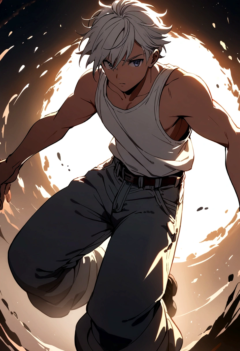 anime boy with silver hair white tank top and baggy jeans