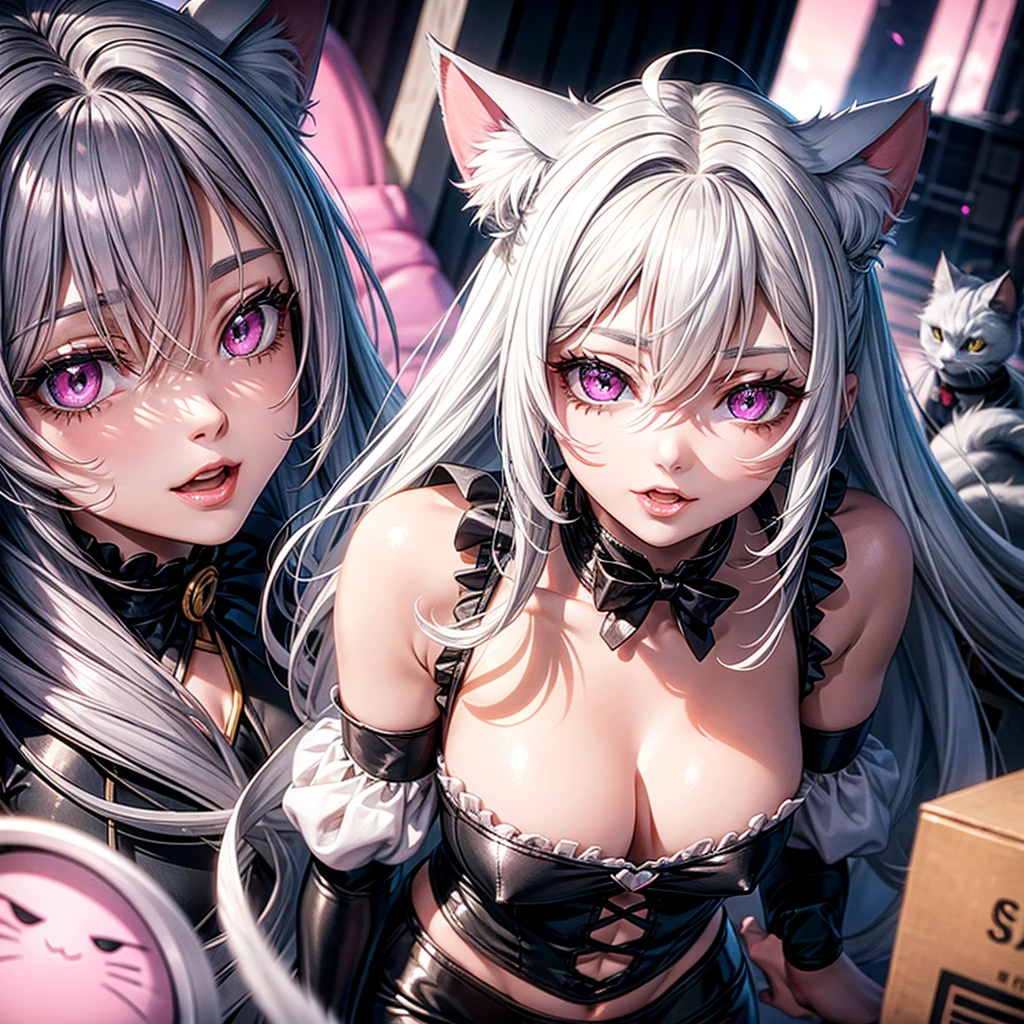 Silver hair, pink eyes, body, cat ears, woman, happy face, pet cat, cats in background,  cats