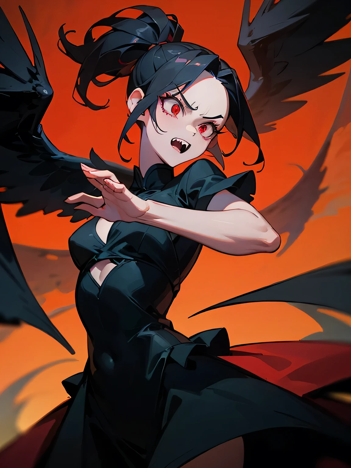 solo,dutch angle,upperbody,(dark devil),(horror face),pony tail,black hair,big forehead,with black angel wings,lost black angel dress, (furious),red eyes,sensuous, beautiful body line, fighting stance,slim, double teeth ,phantom,illustration,go to hell,oildraw,masterpiece,best quality,Runaway