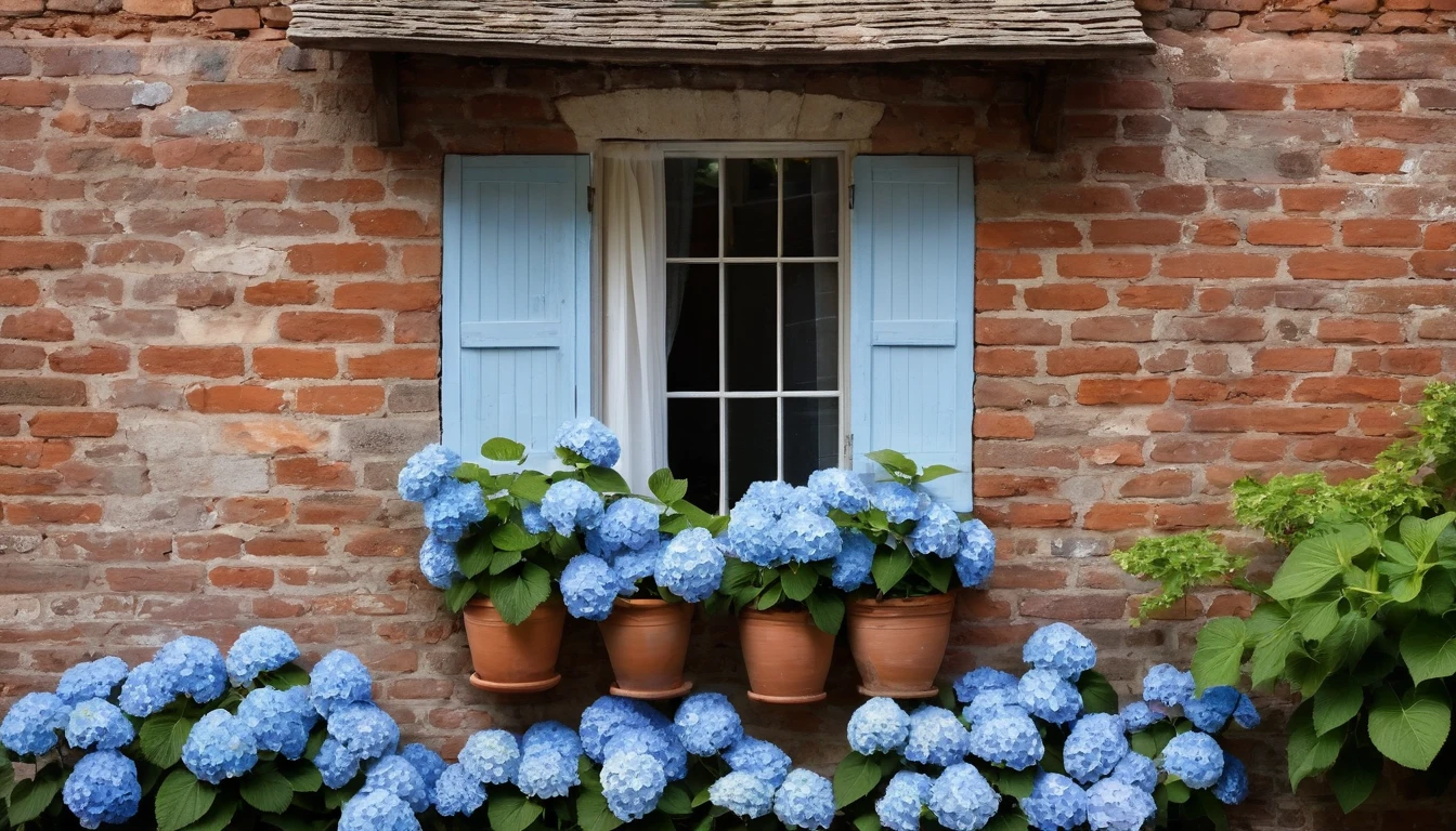 A quaint window with light blue shutters, set in a rustic brick wall. The window has sheer white curtains softly billowing, partially obscured by an abundance of lush, vibrant blue hydrangeas in terracotta pots. The scene is bathed in soft, natural light, enhancing the serene atmosphere.