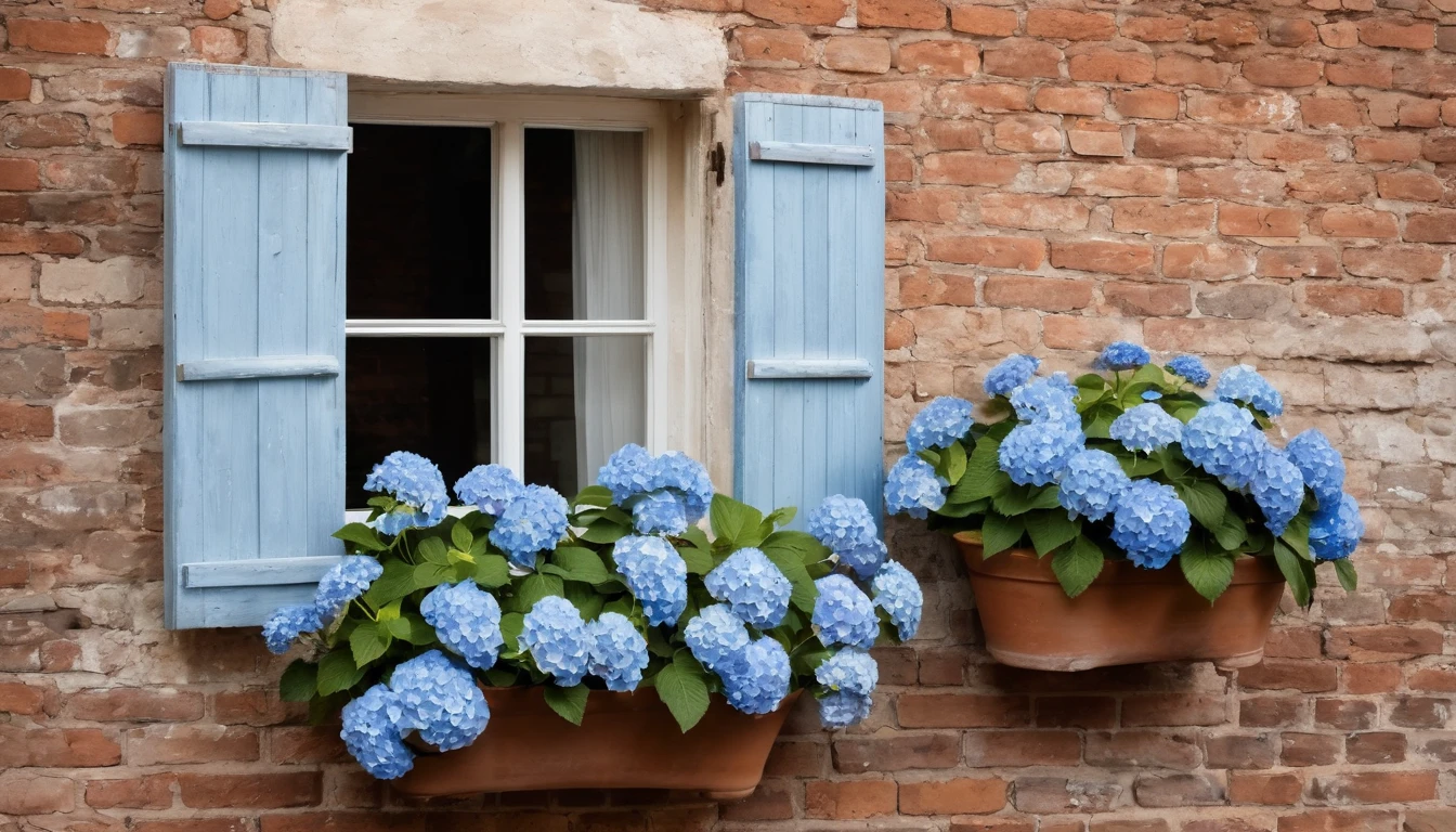 A quaint window with light blue shutters, set in a rustic brick wall. The window has sheer white curtains softly billowing, partially obscured by an abundance of lush, vibrant blue hydrangeas in terracotta pots. The scene is bathed in soft, natural light, enhancing the serene atmosphere.