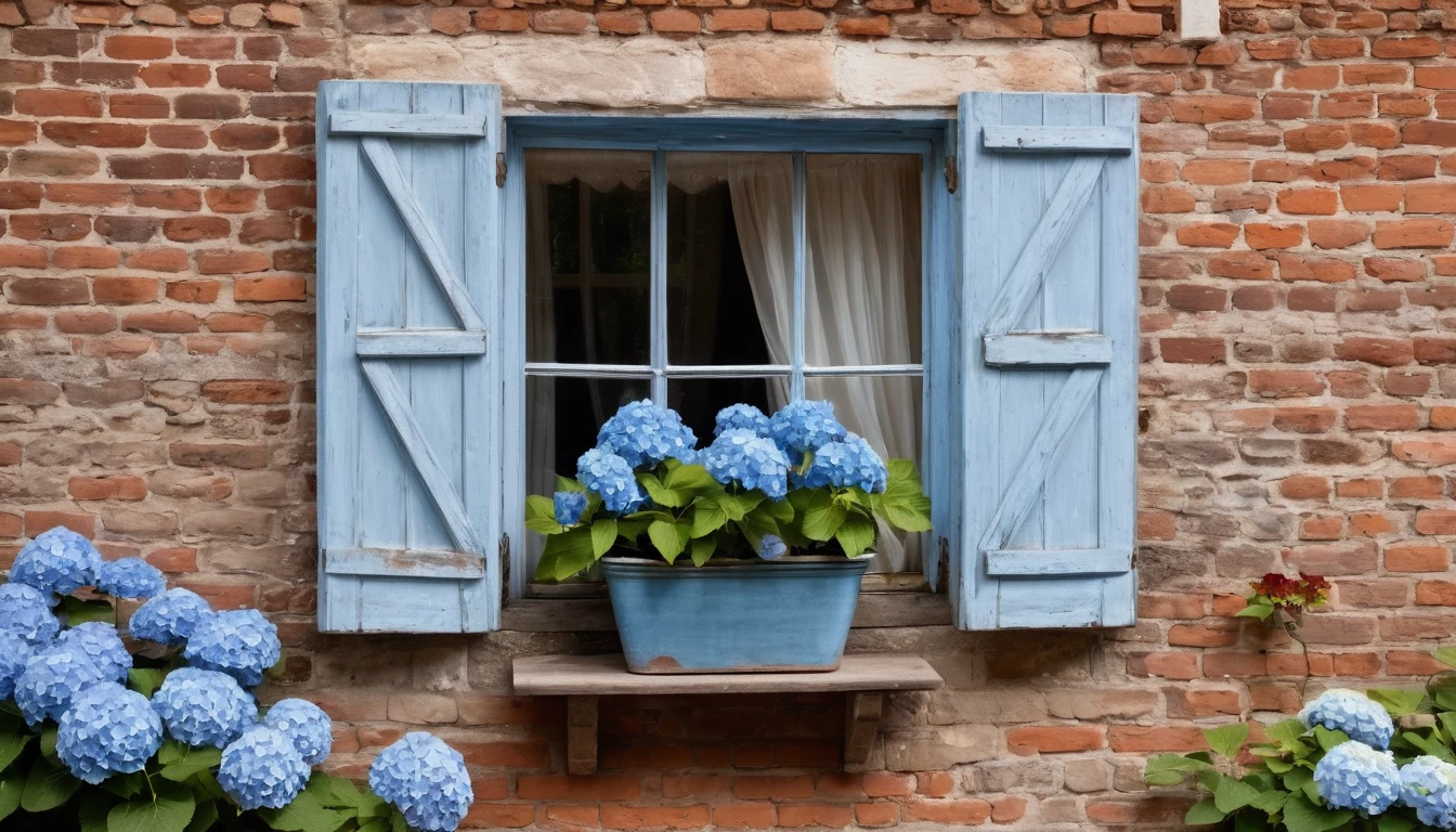 A quaint window with light blue shutters, set in a rustic brick wall. The window has sheer white curtains softly billowing, partially obscured by an abundance of lush, vibrant blue hydrangeas in terracotta pots. The scene is bathed in soft, natural light, enhancing the serene atmosphere.