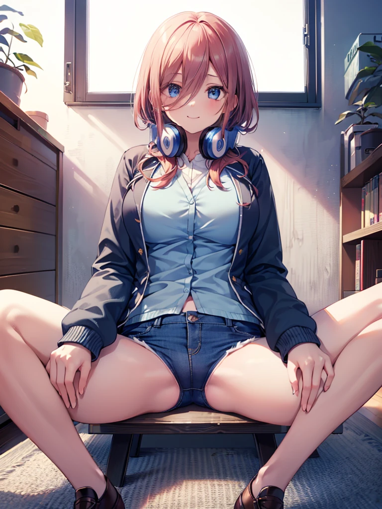 (8K, Highest quality, Highest quality, masterpiece), sit on the floor, (denim hot micro shorts), (vulva peek), big breasts, ((spread legs 1:2)), nm1, headphones around neck, long sleeves, blue cardigan, pantyhose, (fullbody), smile, school uniform, open jacket