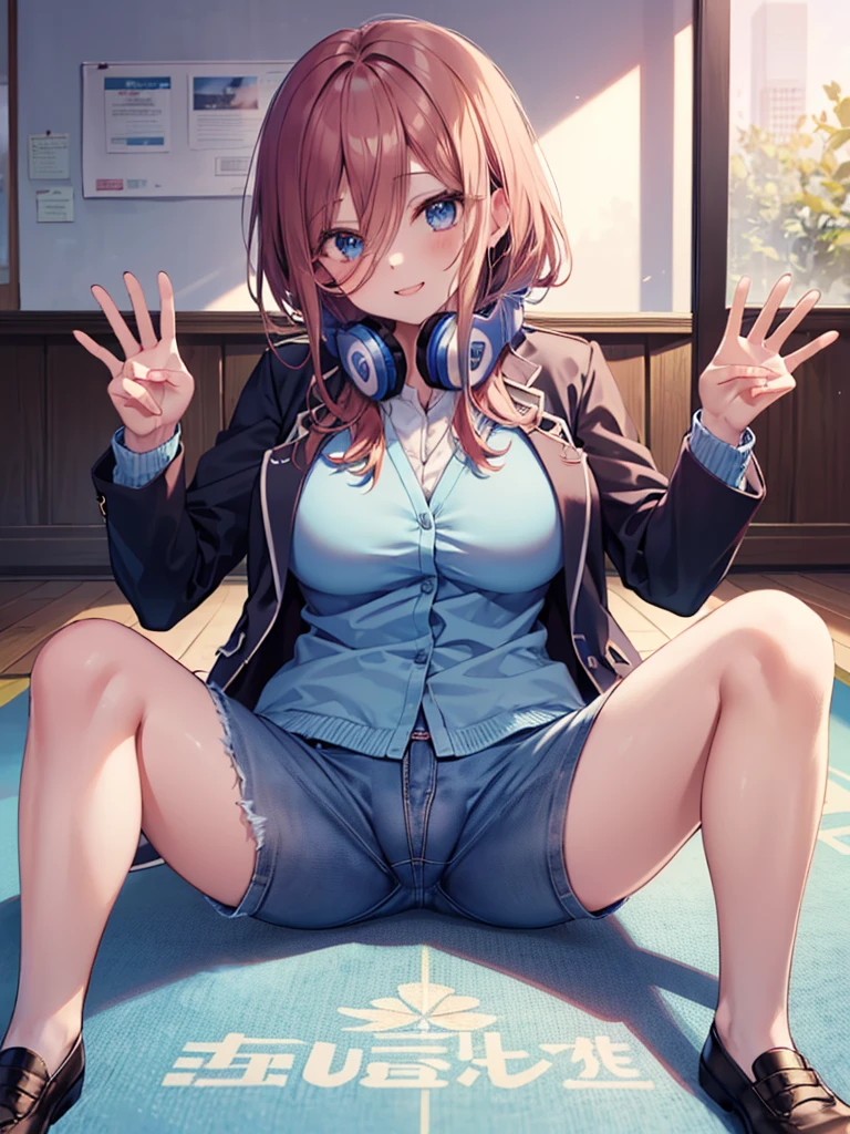 (8K, Highest quality, Highest quality, masterpiece), sit on the floor, (denim hot micro shorts), (vulva peek), big breasts, ((spread legs 1:2)), nm1, headphones around neck, long sleeves, blue cardigan, pantyhose, (fullbody), smile, school uniform, open jacket