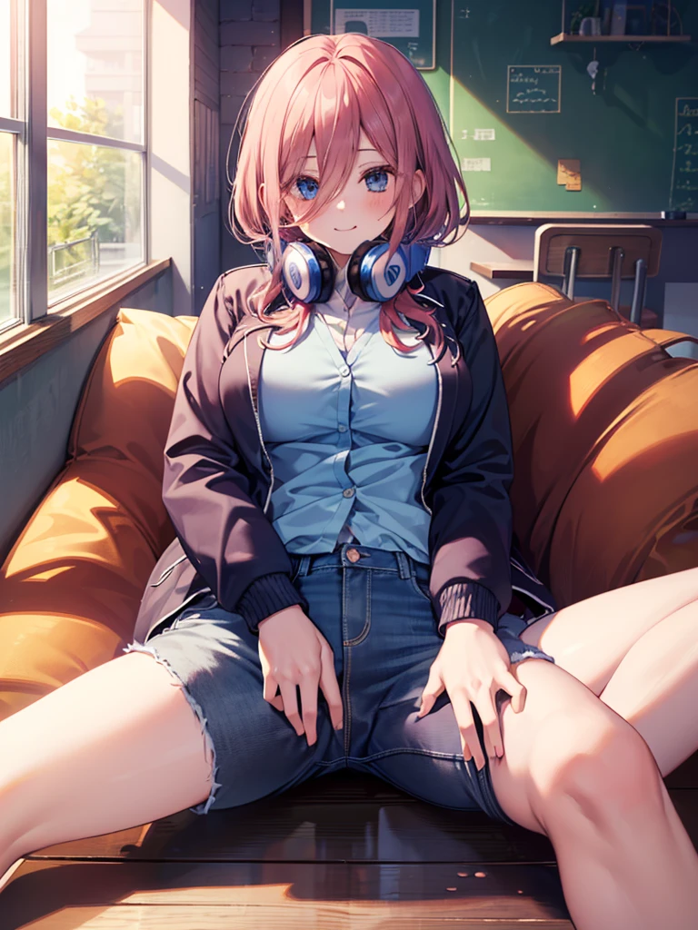 (8K, Highest quality, Highest quality, masterpiece), sit on the floor, (denim hot micro shorts), (vulva peek), big breasts, ((spread legs 1:2)), nm1, headphones around neck, long sleeves, blue cardigan, pantyhose, (fullbody), smile, school uniform, open jacket