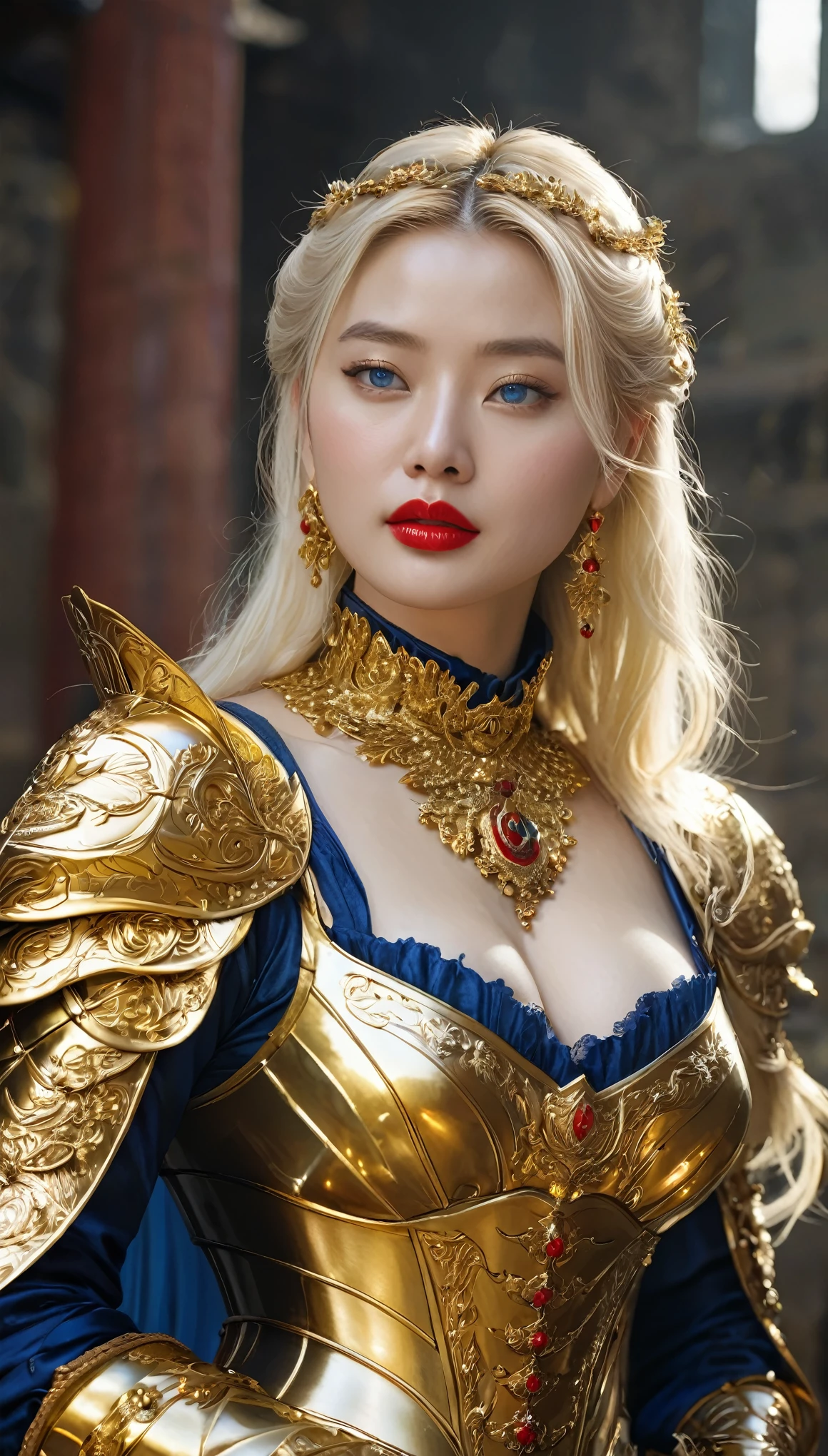 masterpiece,Highest quality,wonderful,(womanの騎士_woman:1),(Golden Armor:1.3), (35歳のwoman騎士:1.3),、Big and ample breasts,,Hyper Real,中世ヨーロッパの都市のbattlefieldにいる,Expressionless,、イギリス人woman、Delicate skin texture to the smallest detail 、(Detailed blue eyes)、(Chubby body type))、(Very large breasts)、中年woman、(ふわふわblondeの長い髪)、Sunburned skin、(blonde)、(((Very large breasts)))、woman騎士、(((Big cleavage)))、Richly decorated gold armor、Medieval witch、Golden long boots with flashy decorations、Deep neckline、Pure gold and jewellery necklaces and collars、Big gold earrings、Bright red lips、Dressed in luxurious gold armor、Gold Long Gloves、She has a big long sword、The sword is ornately decorated..........................、The blade is pitch black、(woman騎士)、(battlefield)、
