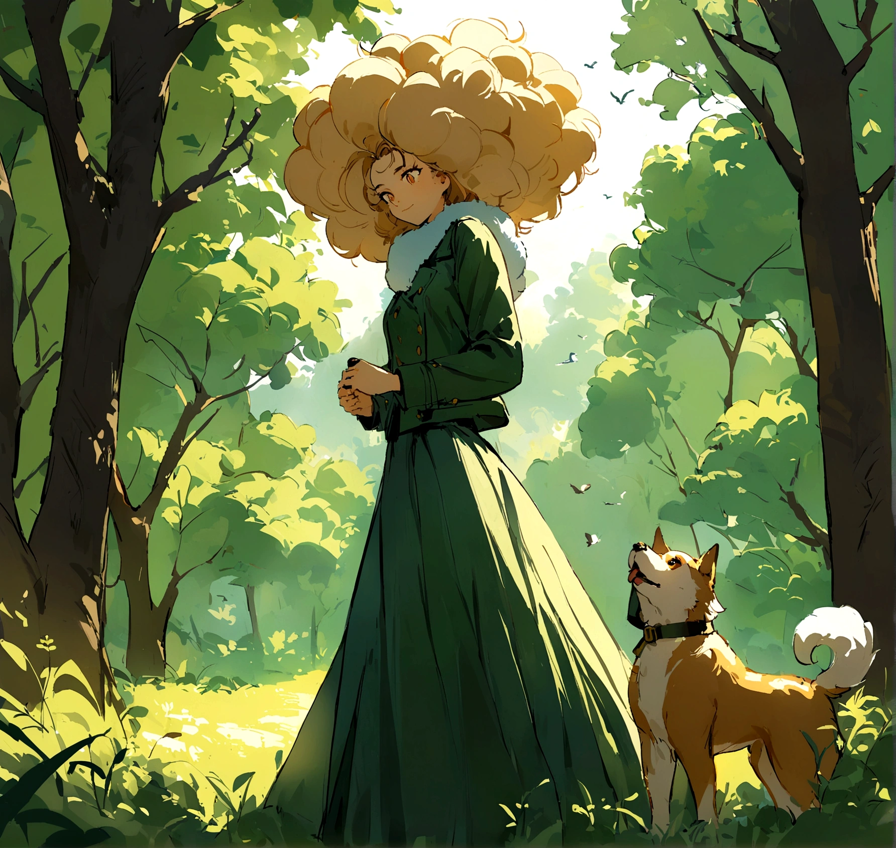 girl with dog, 20 years old,big hair, blacksad, glare eyes, medium chest, glad,pea coat,fluffy scarf,longskirt ,plein-air, green forest, birds, best qualityer, high resolution, extremely detaild, detailed back ground, perfect lighting