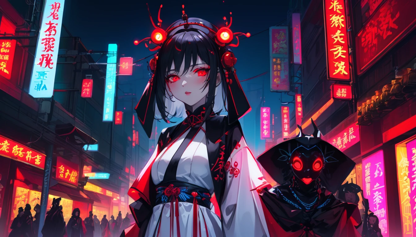 A girl dressed as a courtesan, teenager, one person, upper body, cyberpunk, red eyes, glowing eyes, neon street, courtesan procession