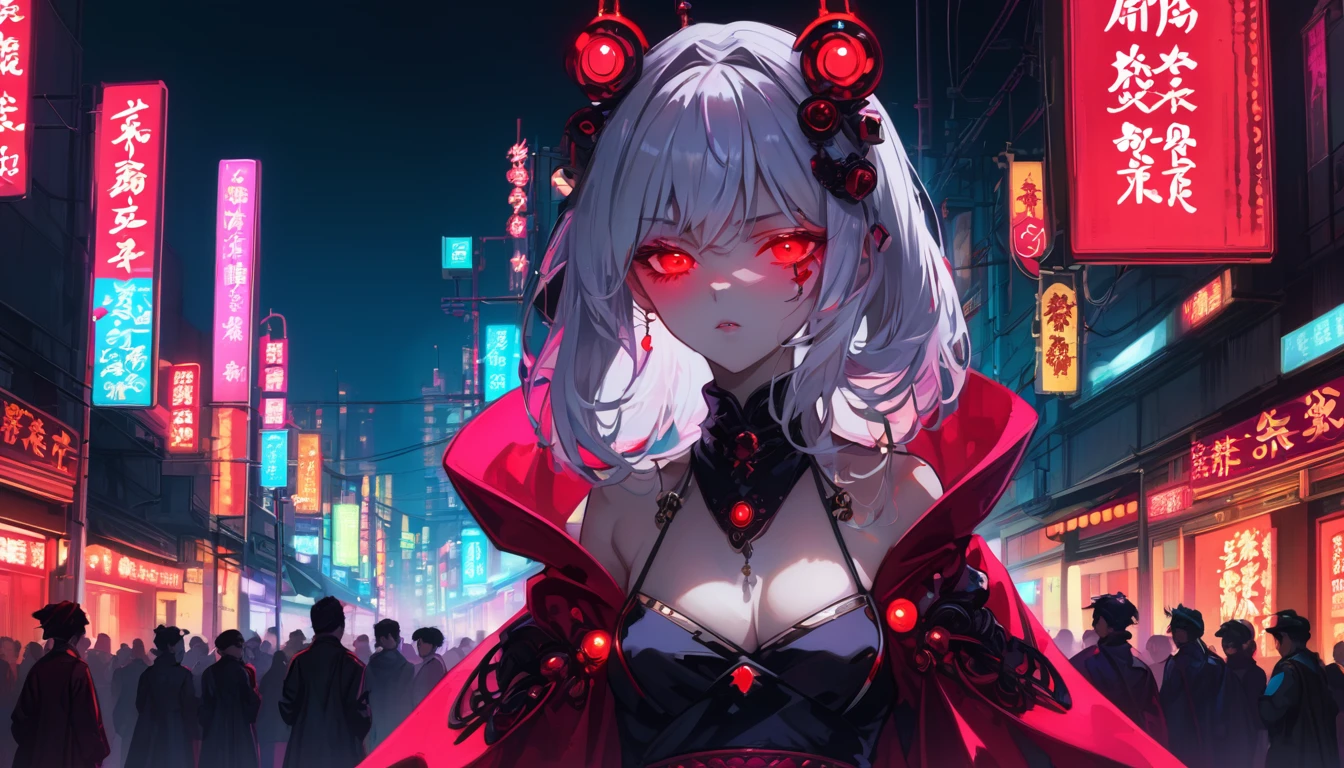 A girl dressed as a courtesan, teenager, one person, upper body, cyberpunk, red eyes, glowing eyes, neon street, courtesan procession