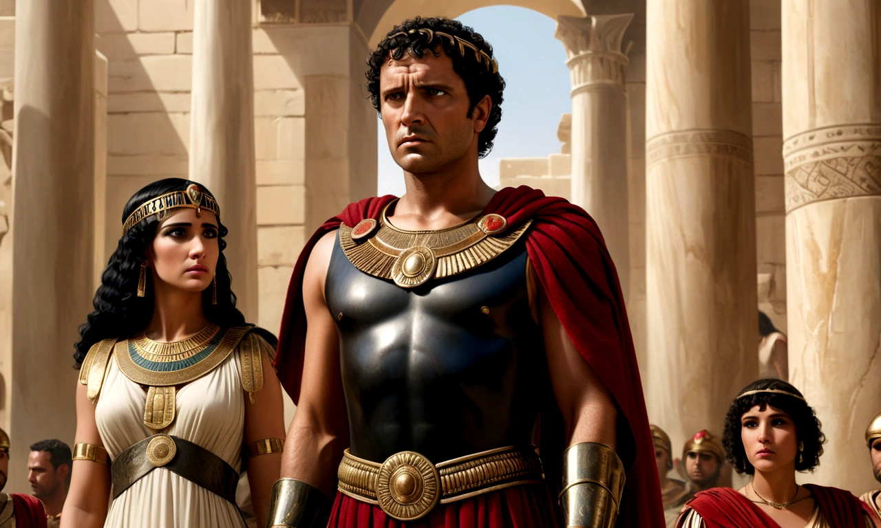 { "prompt": "Crie uma imagem de Mark Antony e Cleopatra sentados juntos, both looking sad and dejected. Mark Antony, a tall and strong man, with short curly dark hair, robust appearance and short beard, is dressed in traditional Roman military attire, including breastplate, red cape and laurel wreath on head, Cleopatra, with fair skin and dark, straight hair, is dressed in a modern and elegant black dress with intricate details. of Roman architecture, like marble columns and opulent decor, with a soft color palette to reflect your moody mood.", "size": "1792x1024", "n": 1 }