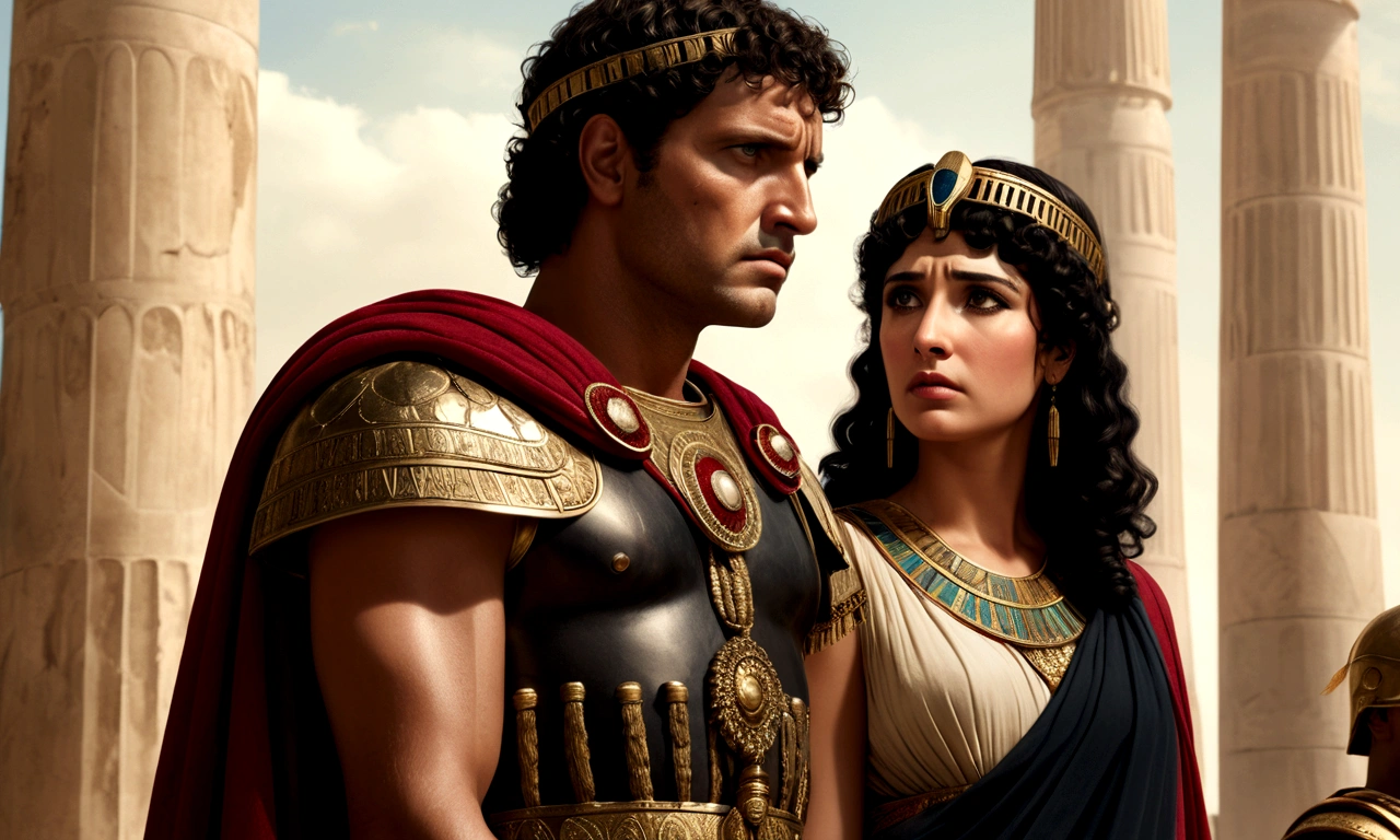 { "prompt": "Crie uma imagem de Mark Antony e Cleopatra sentados juntos, both looking sad and dejected. Mark Antony, a tall and strong man, with short curly dark hair, robust appearance and short beard, is dressed in traditional Roman military attire, including breastplate, red cape and laurel wreath on head, Cleopatra, with fair skin and dark, straight hair, is dressed in a modern and elegant black dress with intricate details. of Roman architecture, like marble columns and opulent decor, with a soft color palette to reflect your moody mood.", "size": "1792x1024", "n": 1 }