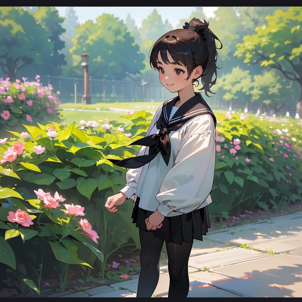 (Highest quality, High resolution, Very detailed, Realistic:1.37), Peaceful atmosphere, (Outdoor, garden), Teenage girl standing alone, Beautiful and detailed features, Cute Smile, ((Black ponytail)),Short-sleeved sailor uniform, Pleated skirt,Black tights,Brown leather shoes.